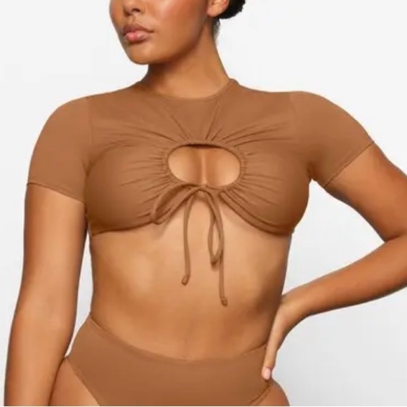 NWT 2pc Skim Swimsuit Rushed T-Shirt & Bikini String Tie Bottoms Almond Size 2X - Picture 2 of 13